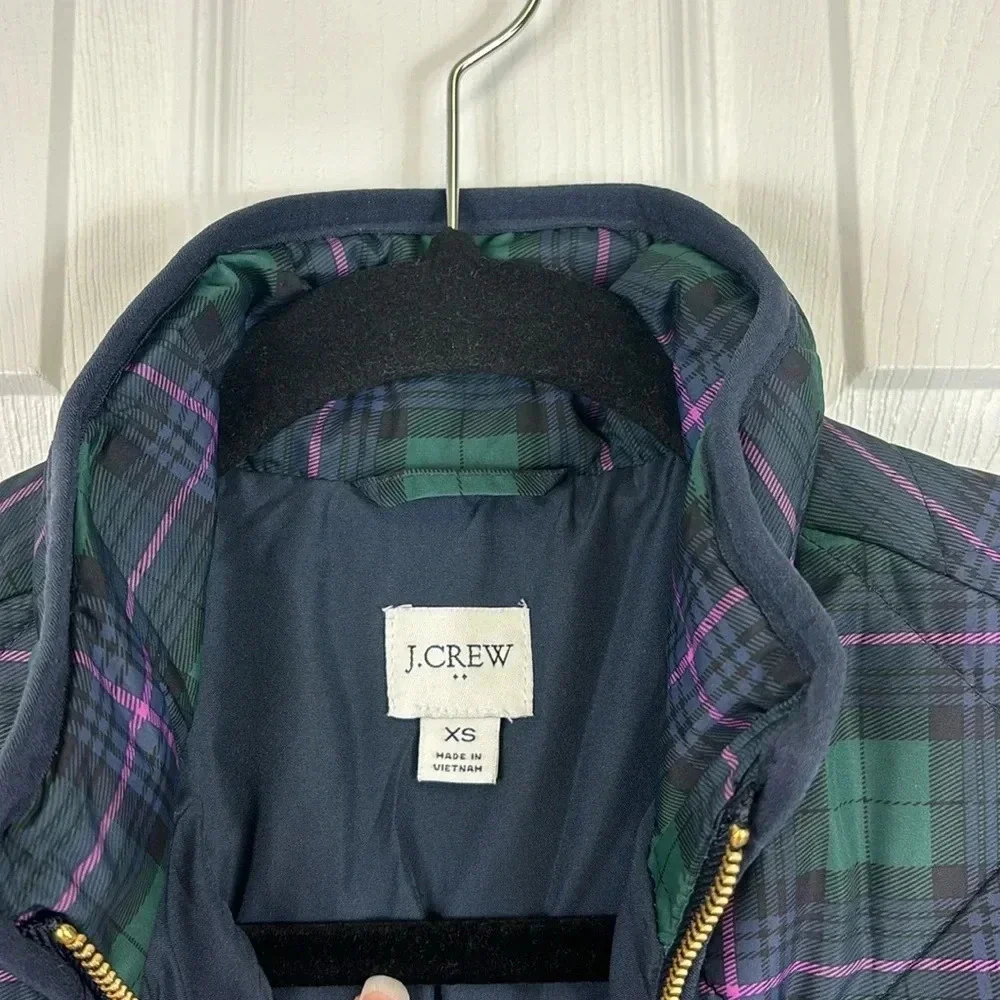 J. Crew navy, green and purple tartan zip up puffer vest sz xs